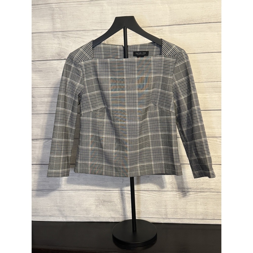 Rachel Zoe Black White Plaid Fitted Top Women's 4 Back Zip Pullover‎
